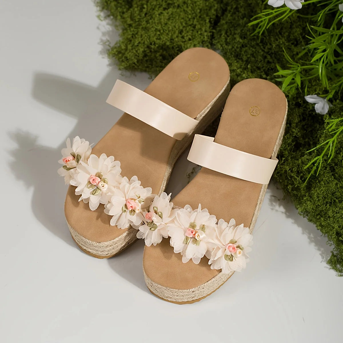 Cream Women's Summer Platform Sandals — Vita Floral Espadrille Wedge - Flat Lay