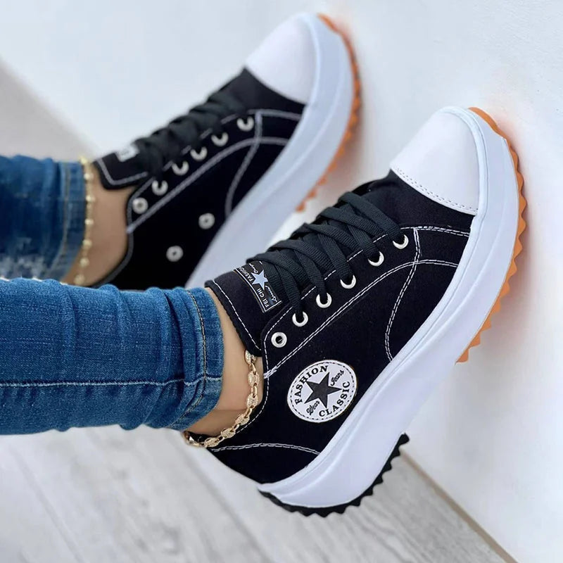 Black Women's Orthopedic Shoes Platform Sneakers — Addy Lace-Up Thick-Sole Canvas - Studio Hanging