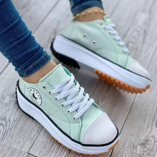 Mint Women's Orthopedic Shoes Platform Sneakers — Addy Lace-Up Thick-Sole Canvas - Worn Lifestyle Angle