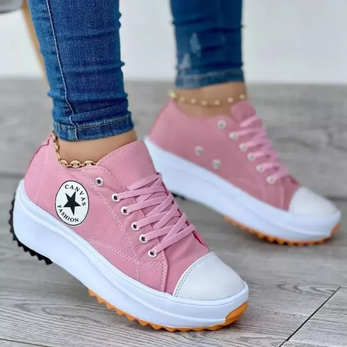 Pink Women's Orthopedic Shoes Platform Sneakers — Addy Lace-Up Thick-Sole Canvas - Worn Lifestyle Close