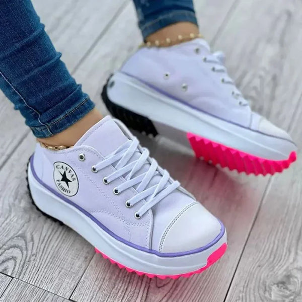 White Women's Orthopedic Shoes Platform Sneakers — Addy Lace-Up Thick-Sole Canvas - Worn Lifestyle Side