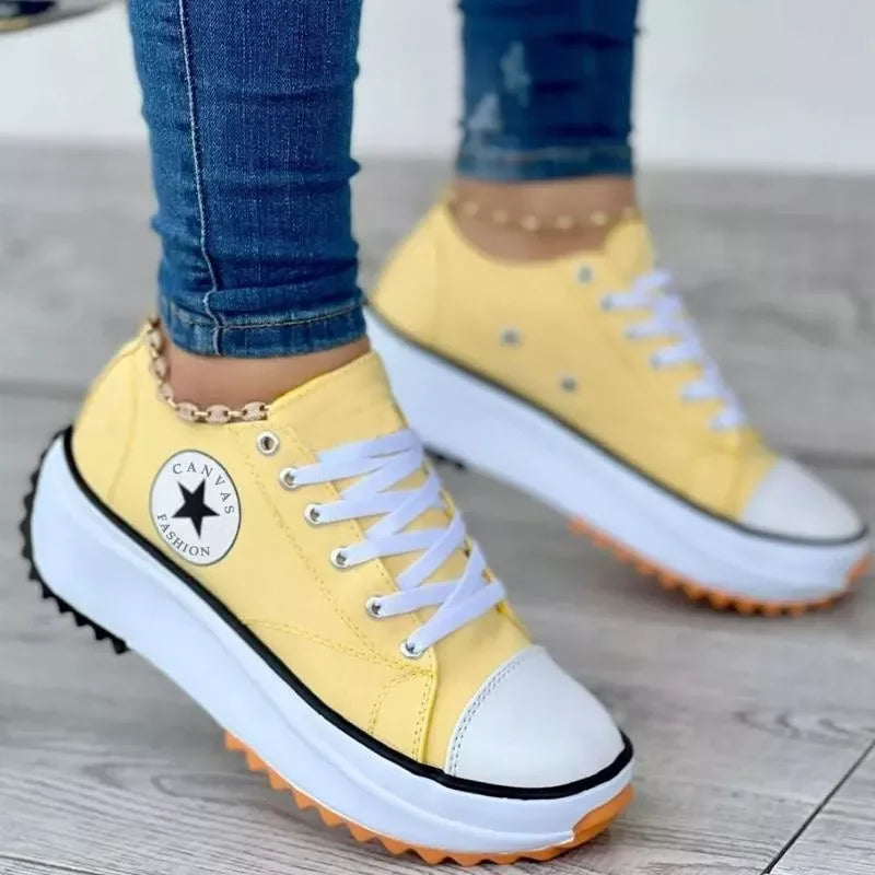 Yellow Women's Orthopedic Shoes Platform Sneakers — Addy Lace-Up Thick-Sole Canvas - Worn Lifestyle Front