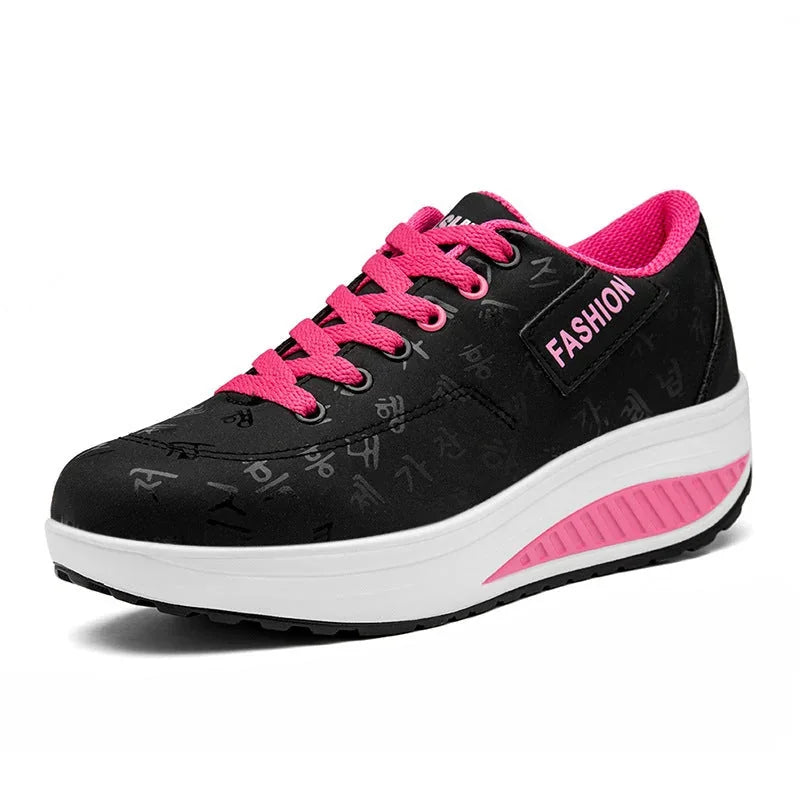 Black Women's Platform Orthopedic Walking Sneakers — Lily Faux Leather Lace-Up - Front Side Quarter