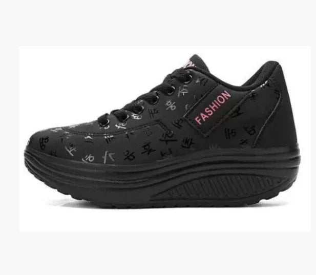 Black Women's Platform Orthopedic Walking Sneakers — Lily Faux Leather Lace-Up - Side Profile Studio