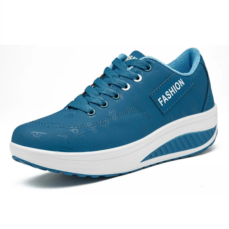 Blue Women's Platform Orthopedic Walking Sneakers — Lily Faux Leather Lace-Up - Front Side View