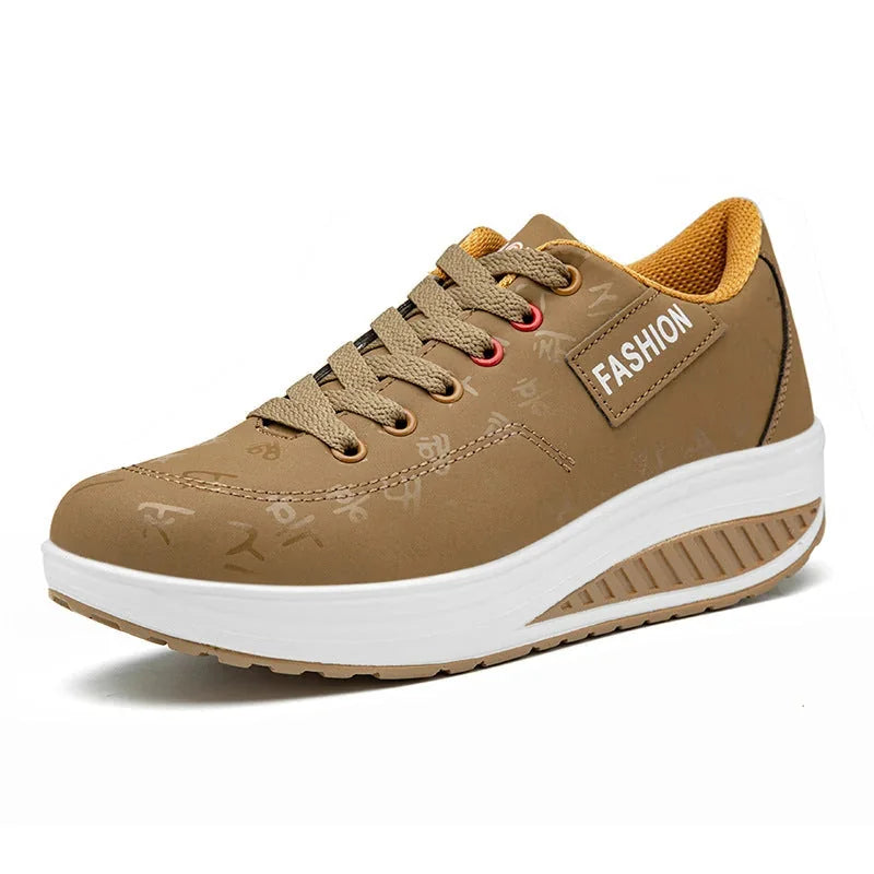 Brown Women's Platform Orthopedic Walking Sneakers — Lily Faux Leather Lace-Up - Front Quarter View