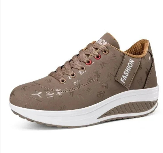 Khaki Women's Platform Orthopedic Walking Sneakers — Lily Faux Leather Lace-Up - Side Profile