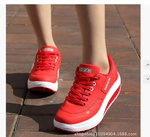 Red Women's Platform Orthopedic Walking Sneakers — Lily Faux Leather Lace-Up - Worn Lifestyle