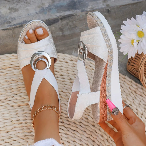 Cream Women's Platform Sandals — Layla Ring Detail Espadrille - Front Full