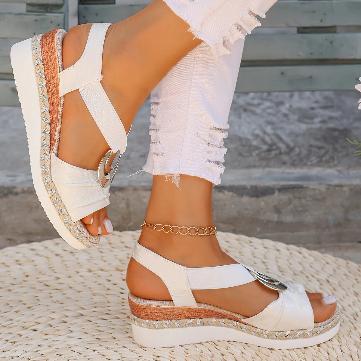 Cream Women's Platform Sandals — Layla Ring Detail Espadrille - Walking Pose