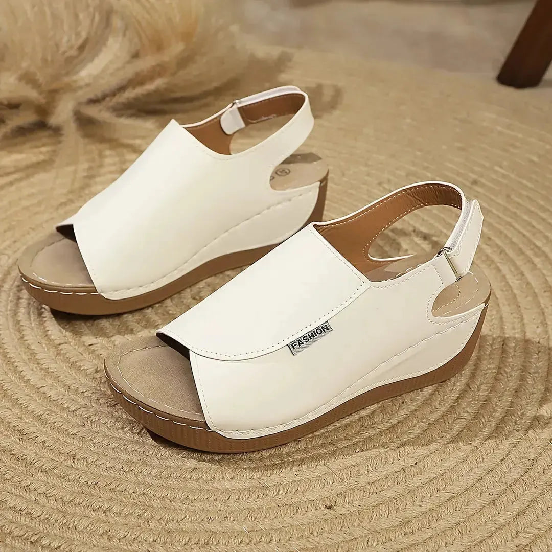White Women's Platform Sandals — Molly Slingback Wedge Fashion - Flat Lay