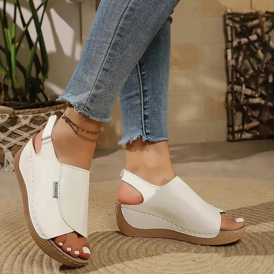 White Women's Platform Sandals — Molly Slingback Wedge Fashion - Model Walking