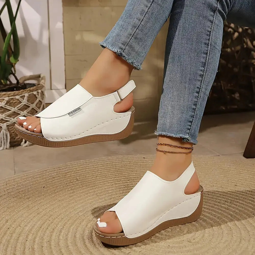 White Women's Platform Sandals — Molly Slingback Wedge Fashion - Worn Lifestyle