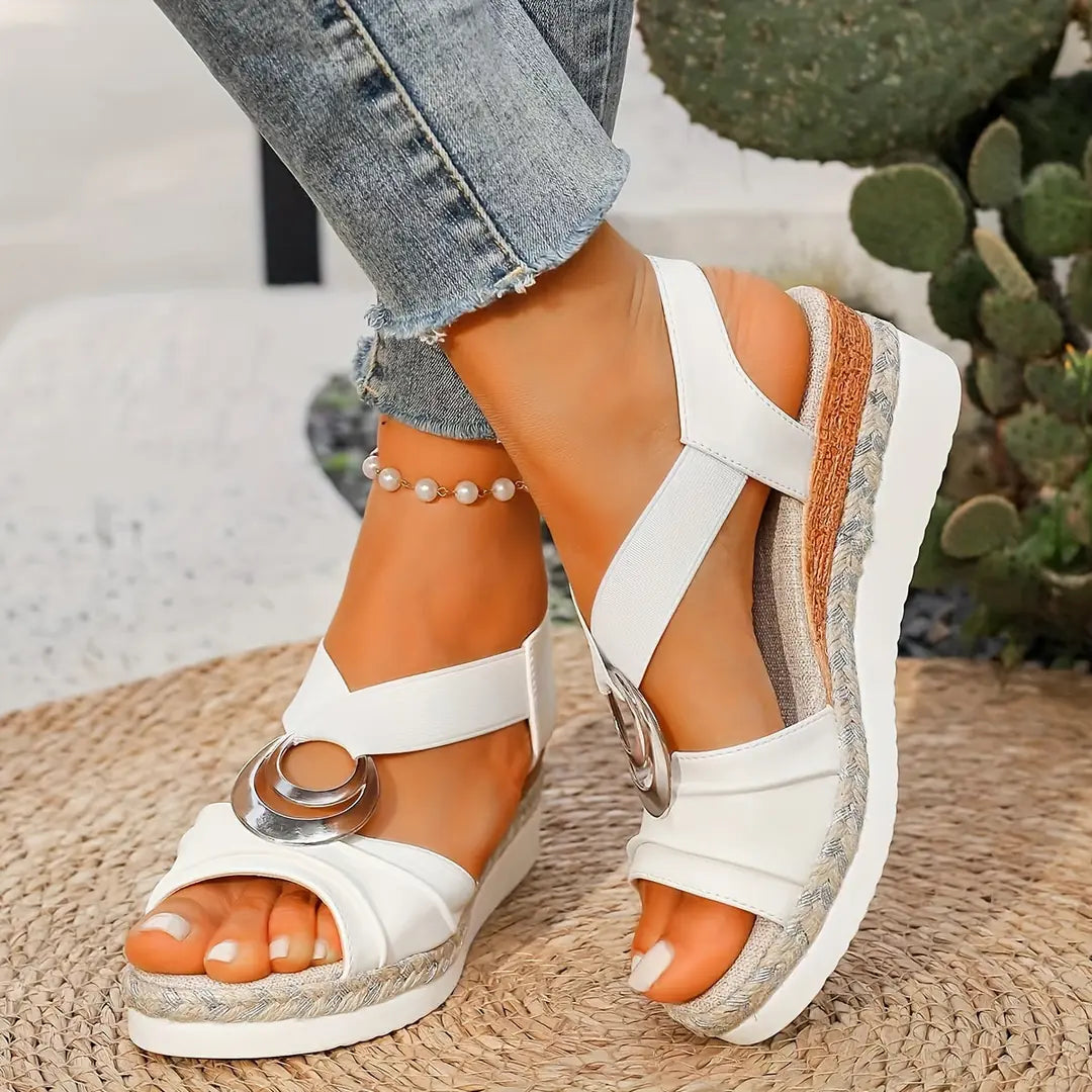 White Women's Platform Wedge Sandals — Ruby Ring Strap Espadrille - Side Detail