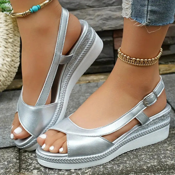 Silver Women's Platform Wedge Silver Sandals — Marielle Slingback Espadrille Style - Front Full