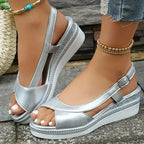 Silver Women's Platform Wedge Silver Sandals — Marielle Slingback Espadrille Style - Front Full