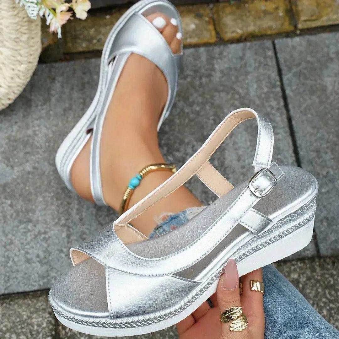 Silver Women's Platform Wedge Silver Sandals — Marielle Slingback Espadrille Style - Hand Held