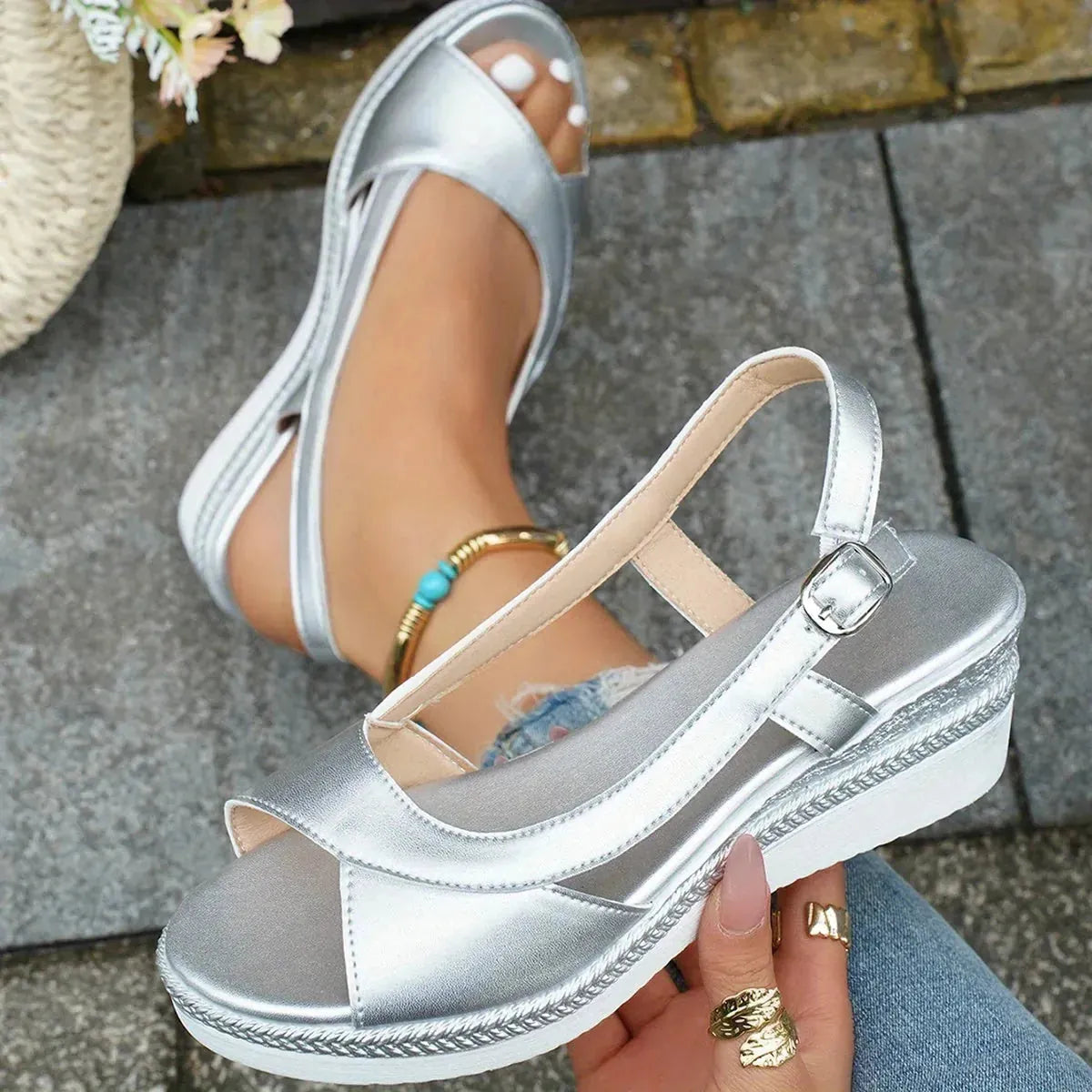 Silver Women's Platform Wedge Silver Sandals — Marielle Slingback Espadrille Style - Hand Held