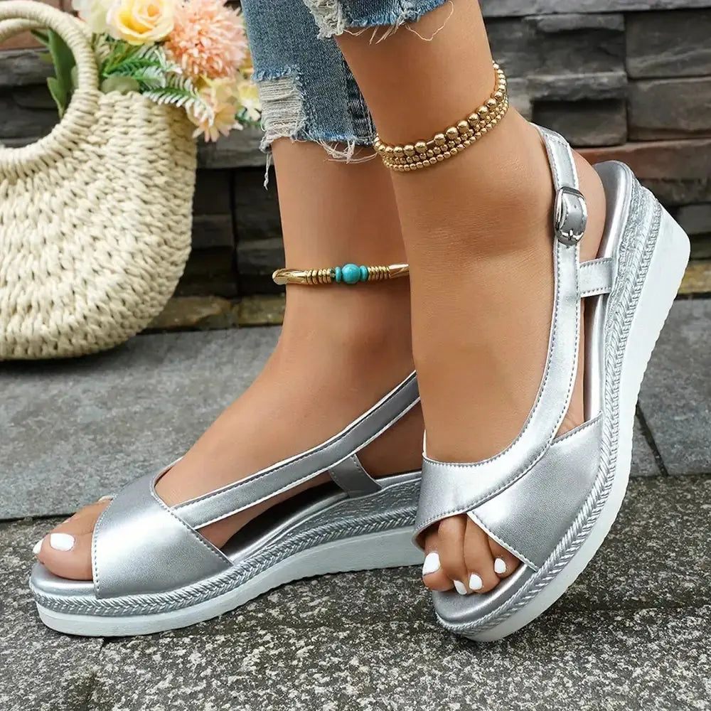 Silver Women's Platform Wedge Silver Sandals — Marielle Slingback Espadrille Style - Side Pose