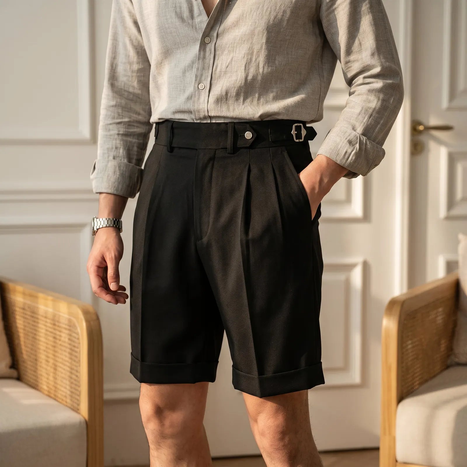 Black Men's Pleated Gurkha Shorts with Buckle-Tab Waist & Cuffed Hem — Hudson
