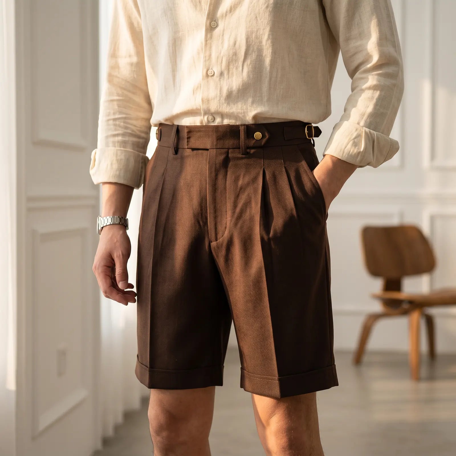 Brown Men's Pleated Gurkha Shorts with Buckle-Tab Waist & Cuffed Hem — Hudson
