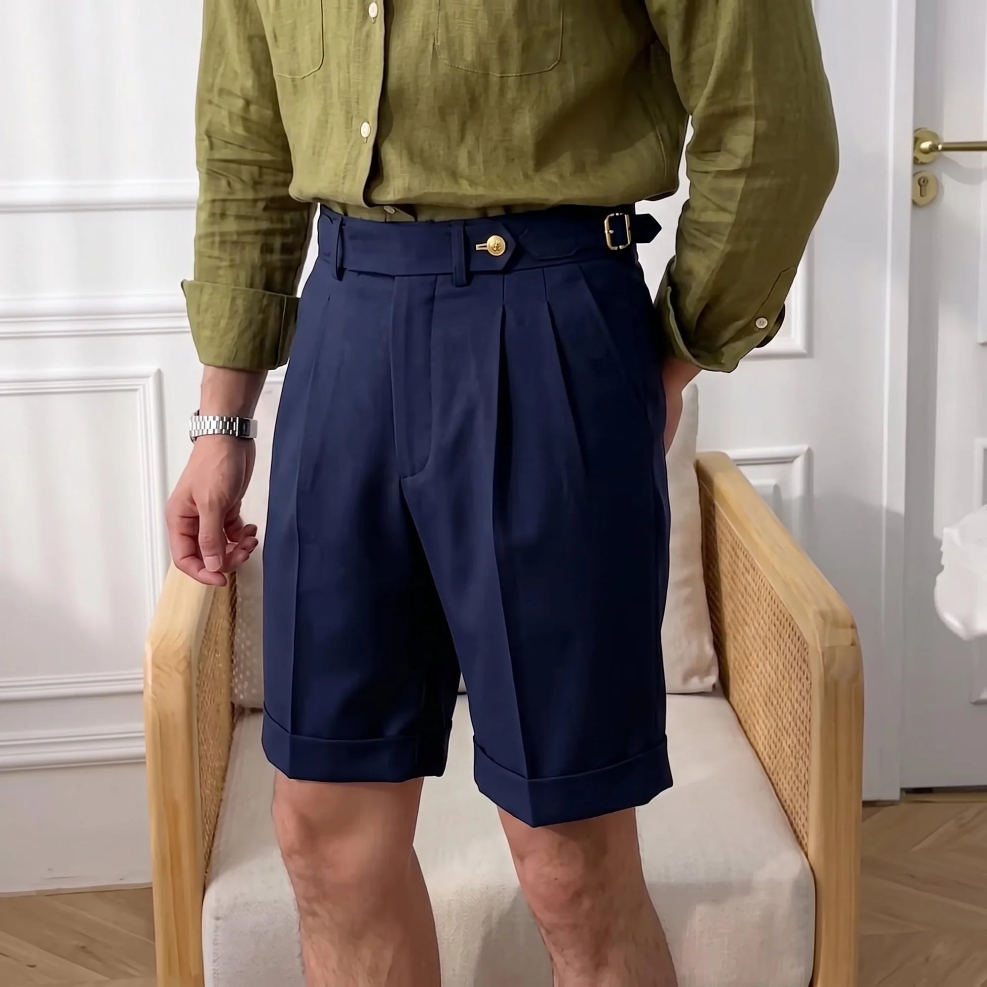 Navy Blue Men's Pleated Gurkha Shorts with Buckle-Tab Waist & Cuffed Hem — Hudson