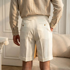 White Men's Pleated Gurkha Shorts with Buckle-Tab Waist & Cuffed Hem — Hudson - Back Detail