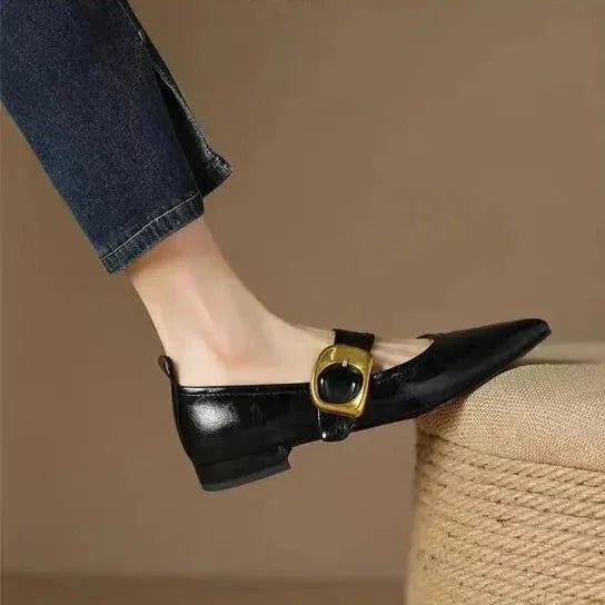 Black Women's Pointed Toe Leather Flats — Clementine Buckle Mary Block Heel - Close Up Ottoman