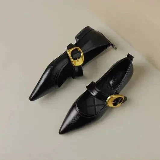 Black Women's Pointed Toe Leather Flats — Clementine Buckle Mary Block Heel - Flat Lay Pair