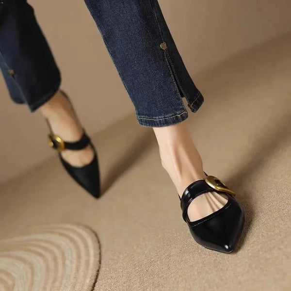 Black Women's Pointed Toe Leather Flats — Clementine Buckle Mary Block Heel - Front Walking Pose