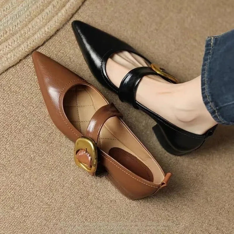 Brown Women's Pointed Toe Leather Flats — Clementine Buckle Mary Block Heel - Both Colors Comparison