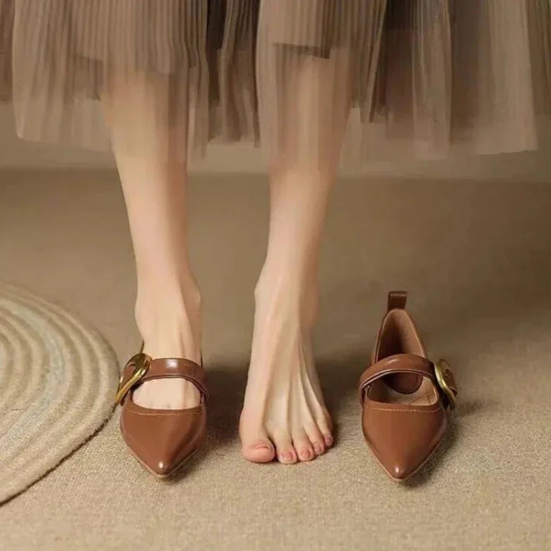 Brown Women's Pointed Toe Leather Flats — Clementine Buckle Mary Block Heel - Model Standing Pair
