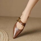 Brown Women's Pointed Toe Leather Flats — Clementine Buckle Mary Block Heel - Side Foot Close Up