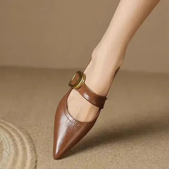 Brown Women's Pointed Toe Leather Flats — Clementine Buckle Mary Block Heel - Side Foot Close Up