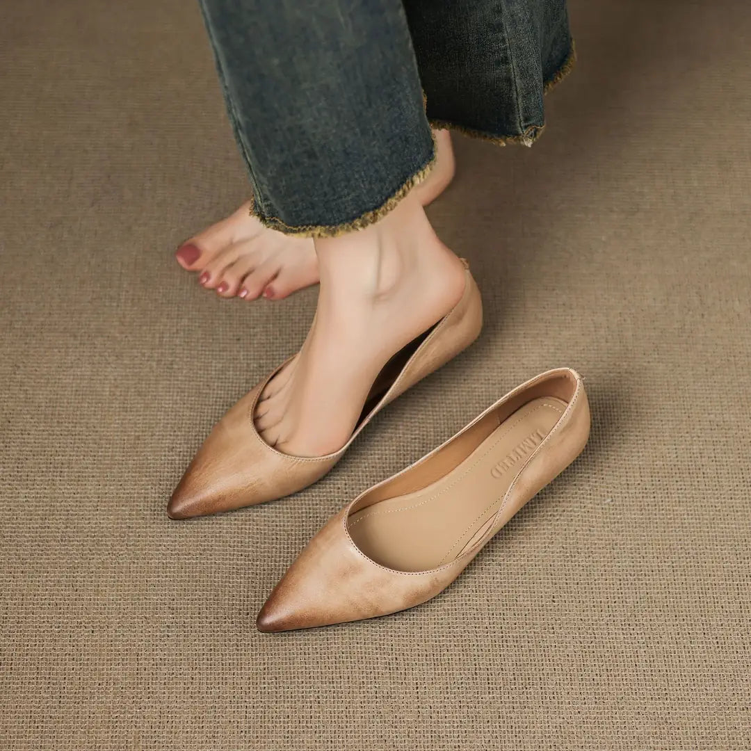 Apricot Women's Pointed Toe Ballet Flats — Ivy Genuine Leather Slip-On Wedge Heel - Barefoot Pose
