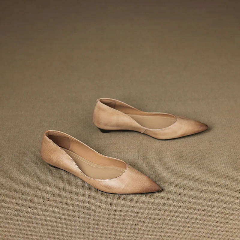 Apricot Women's Pointed Toe Leather Flats — Marielle Cushioned Wedge Heel - Flat Lay Pair Side