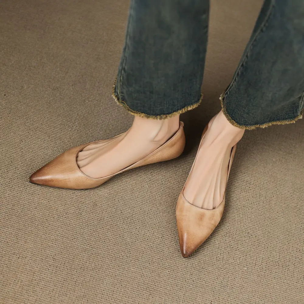 Apricot Women's Pointed Toe Ballet Flats — Ivy Genuine Leather Slip-On Wedge Heel - Walking Pose