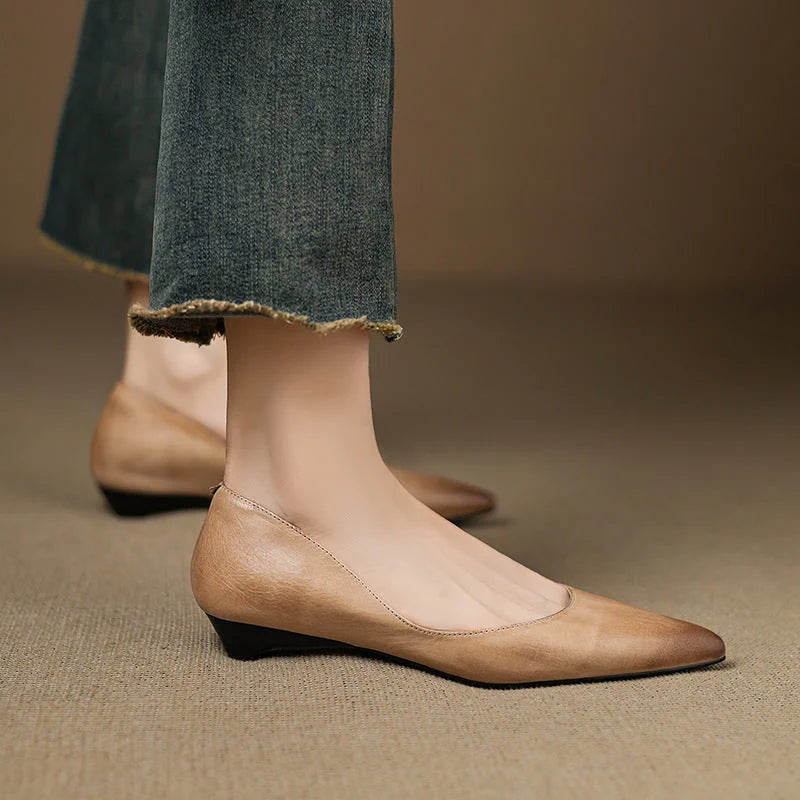 Apricot Women's Pointed Toe Leather Flats — Marielle Cushioned Wedge Heel - Worn Side View