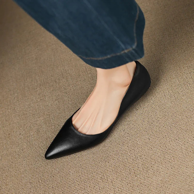 Black Women's Pointed Toe Leather Flats — Marielle Cushioned Wedge Heel - Close Up Angled View
