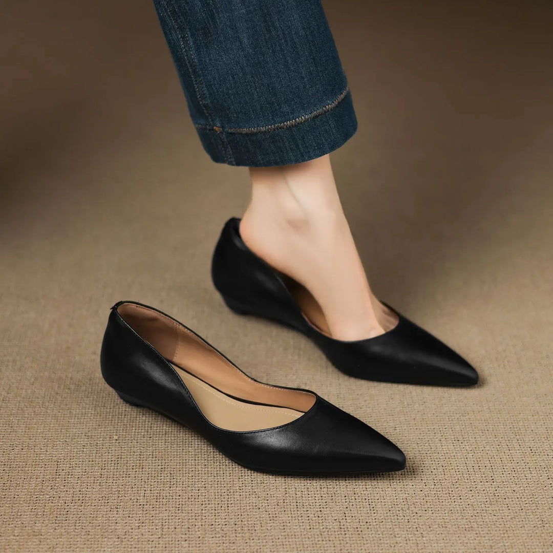 Black Women's Pointed Toe Ballet Flats — Ivy Genuine Leather Slip-On Wedge Heel - Front Stance