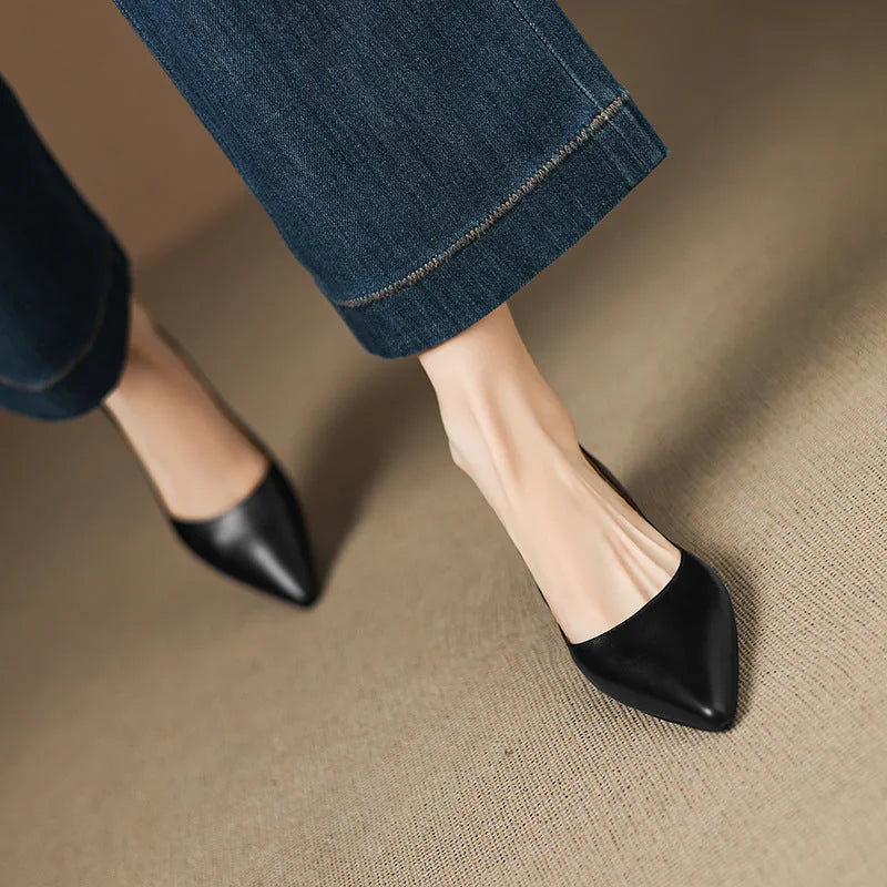 Black Women's Pointed Toe Ballet Flats — Ivy Genuine Leather Slip-On Wedge Heel - Top Down Close