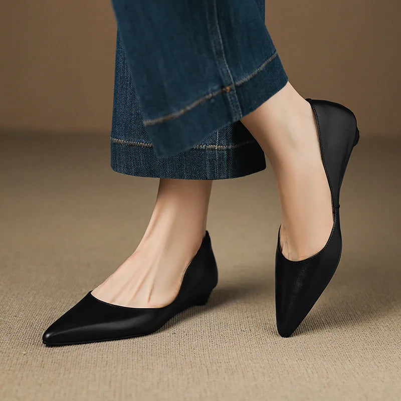 Black Women's Pointed Toe Leather Flats — Marielle Cushioned Wedge Heel - Worn Walking Close