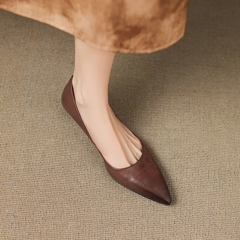 Brown Women's Pointed Toe Leather Flats — Marielle Cushioned Wedge Heel - Close Up Top View