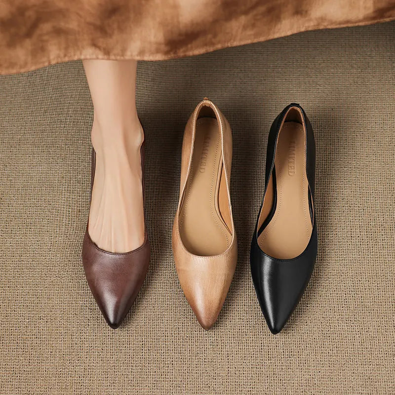 Brown Women's Pointed Toe Ballet Flats — Ivy Genuine Leather Slip-On Wedge Heel - Color Comparison