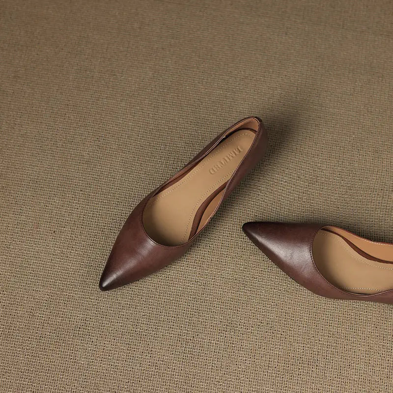 Brown Women's Pointed Toe Ballet Flats — Ivy Genuine Leather Slip-On Wedge Heel - Flat Lay Pair