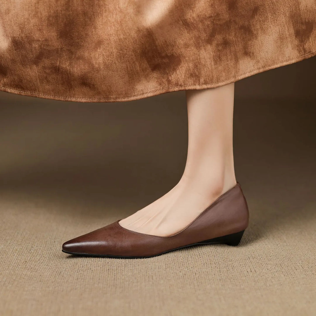 Brown Women's Pointed Toe Ballet Flats — Ivy Genuine Leather Slip-On Wedge Heel - Hem Worn Detail
