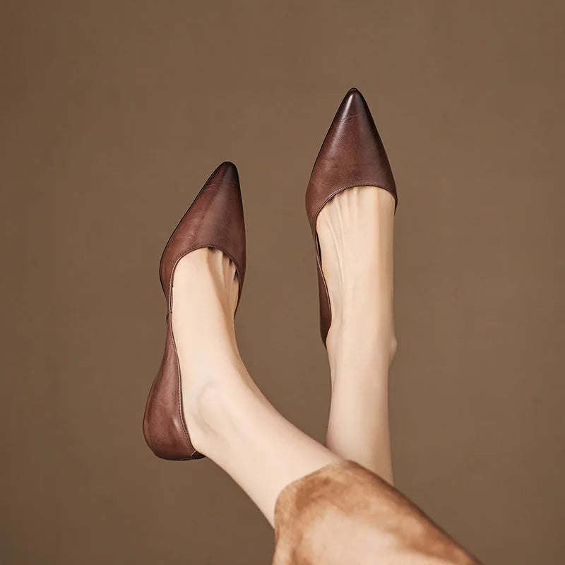 Brown Women's Pointed Toe Ballet Flats — Ivy Genuine Leather Slip-On Wedge Heel - Legs Up Pose