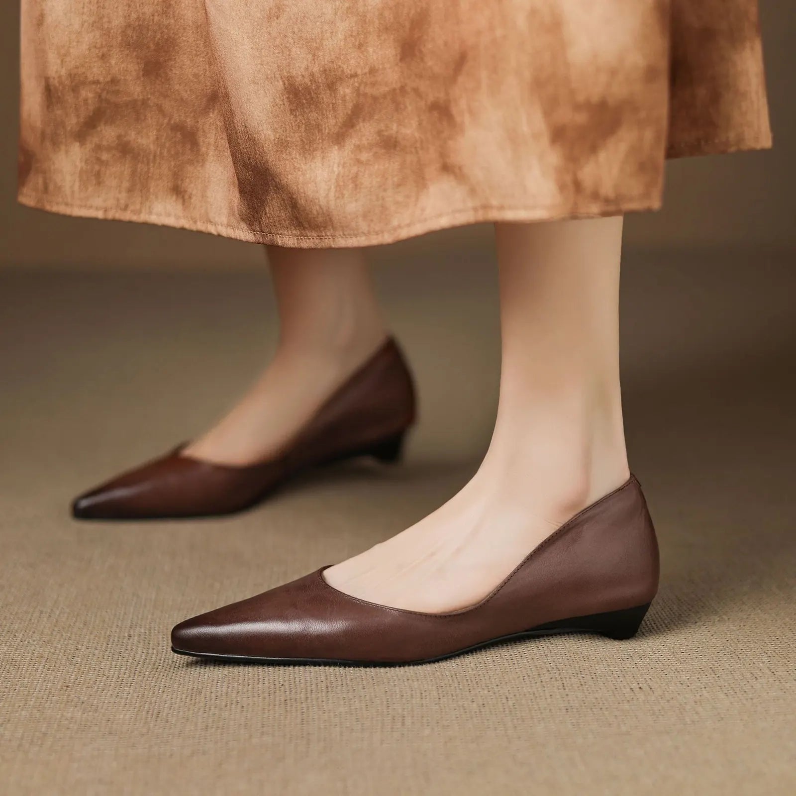 Brown Women's Pointed Toe Ballet Flats — Ivy Genuine Leather Slip-On Wedge Heel - Worn Front Lifestyle