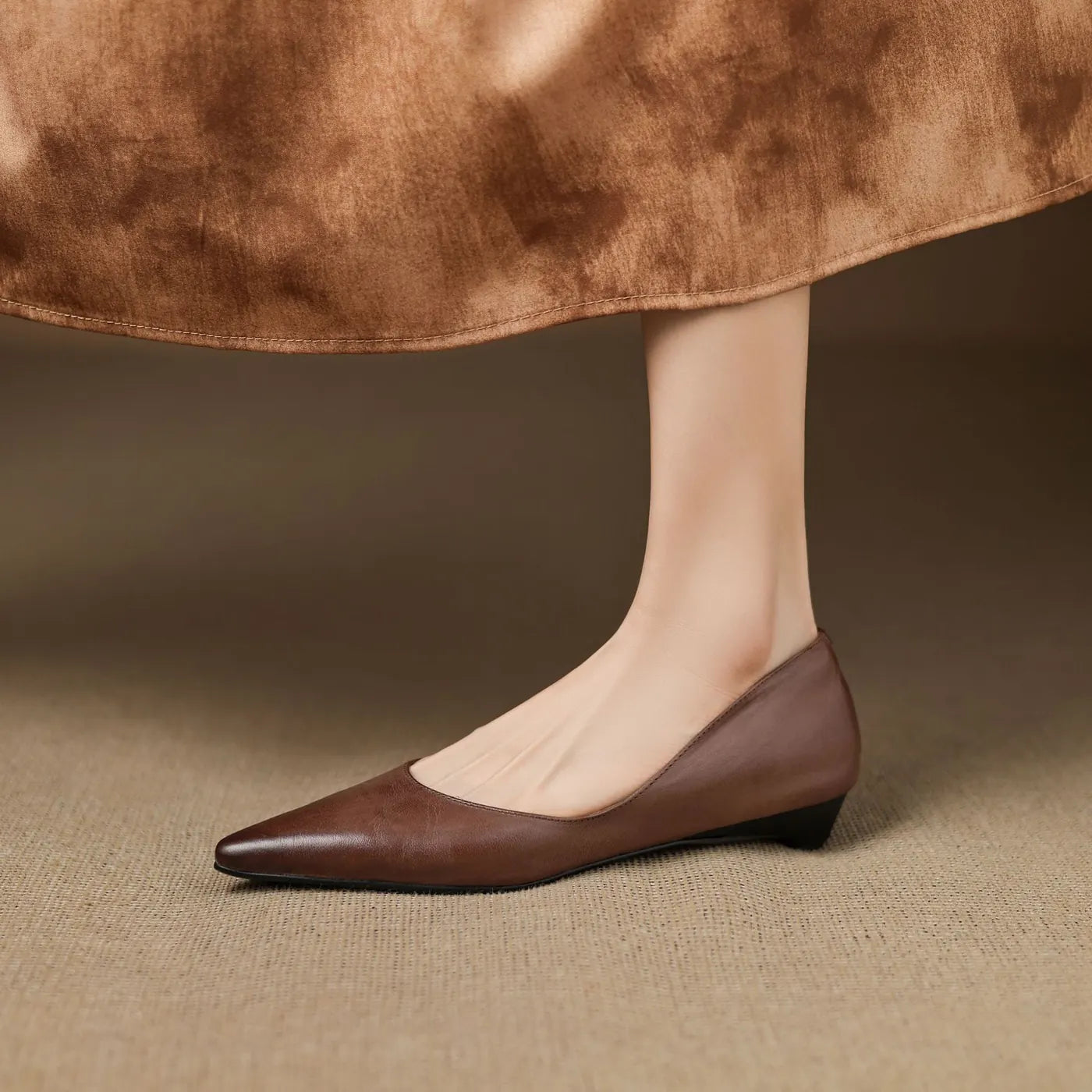 Brown Women's Pointed Toe Leather Flats — Marielle Cushioned Wedge Heel - Worn Under Skirt