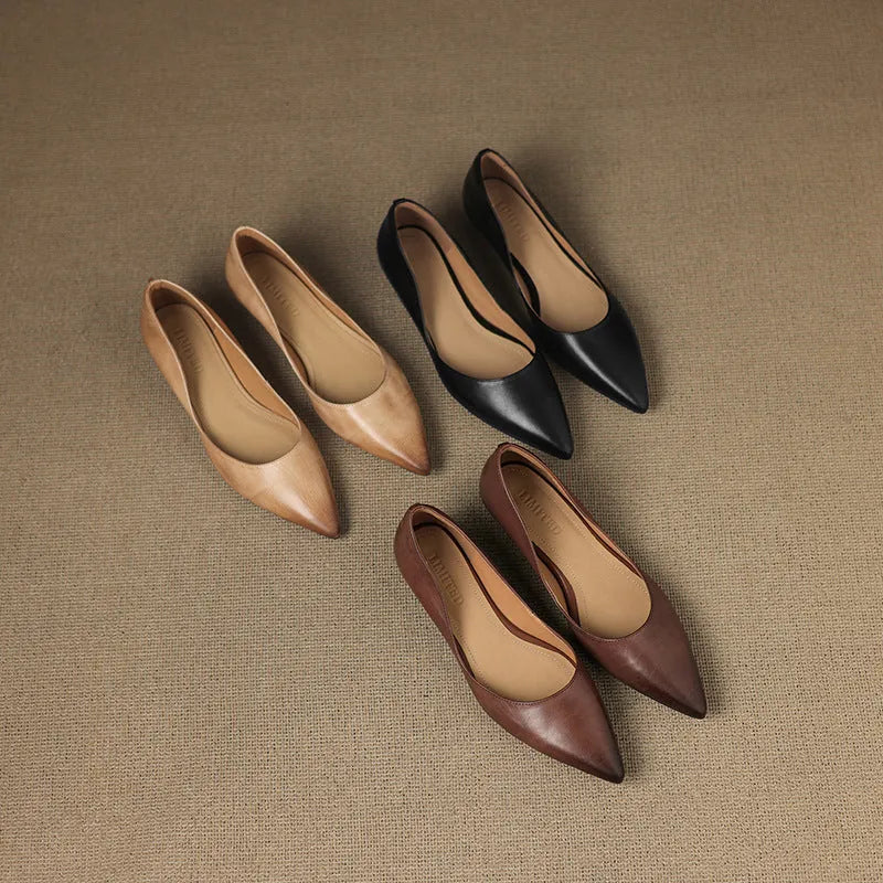 Multicolor Women's Pointed Toe Leather Flats — Marielle Cushioned Wedge Heel - Three Pairs Flat Lay